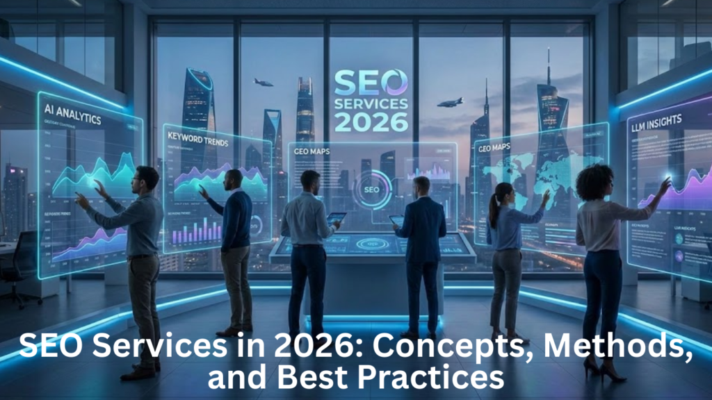 SEO Services in 2026 illustrated with AI analytics, GEO maps, keyword trends, and LLM-powered search insights in a futuristic digital workspace