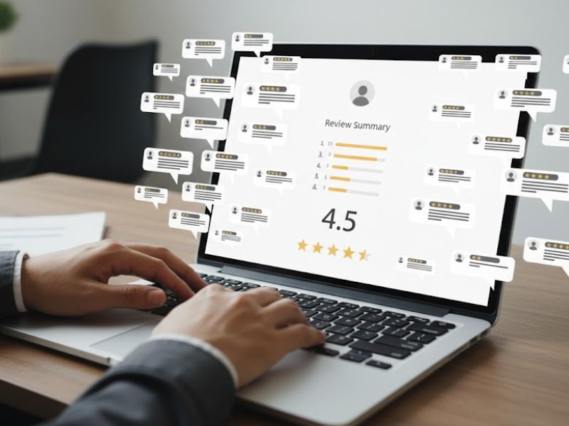 Online patient reviews and 4.5 star rating dashboard improving local SEO rankings for hospitals and clinics through reputation management