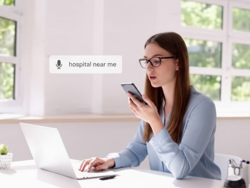 Voice search query hospital near me showing importance of local SEO for hospitals and clinics in 2026