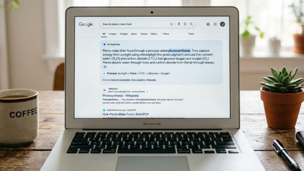 Google AI Overviews example on a laptop showing AI generated summary in search results