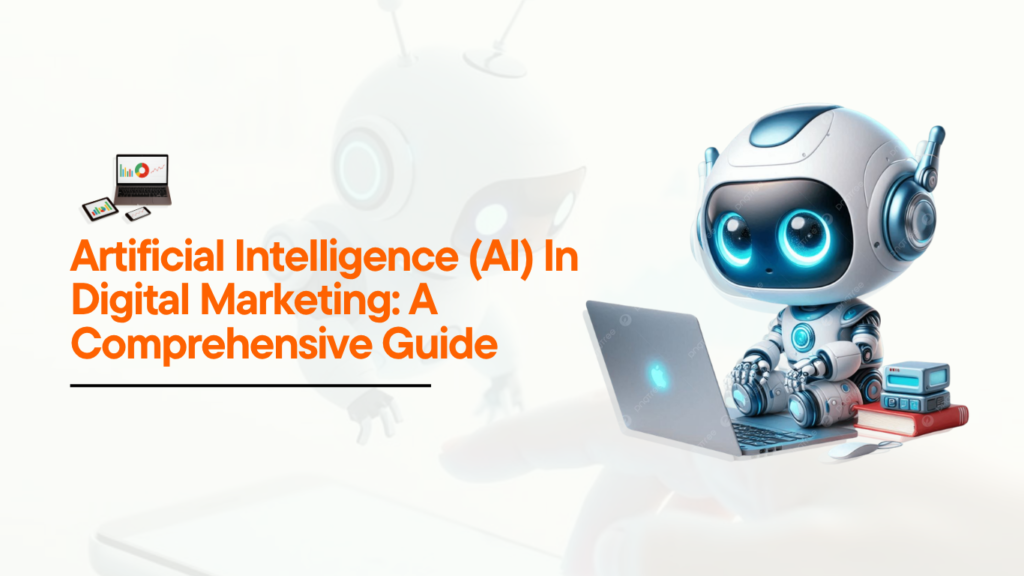 AI in Digital Marketing illustration showing robot working on laptop for automation, analytics, and content optimization