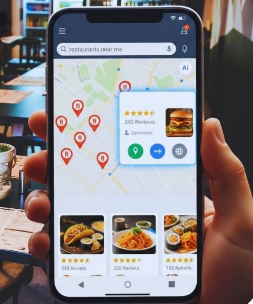 Google Business Profile optimization showing restaurants near me search results on Google Maps with reviews and local listings