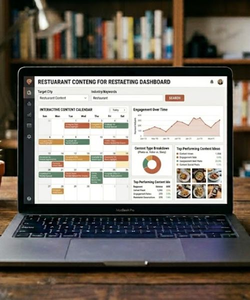 Laptop displaying a restaurant content marketing dashboard with content calendar, engagement analytics, and performance insights