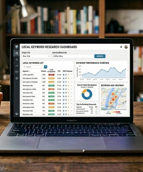 Laptop displaying a local keyword research dashboard with SEO metrics, keyword list, and performance analytics on screen