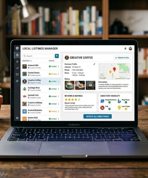 Laptop displaying a local listings manager dashboard with business profiles, reviews, maps, and directory visibility insights