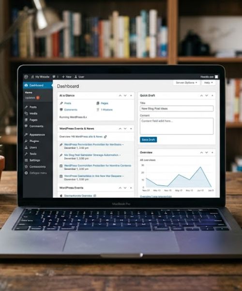 Laptop showing a website dashboard interface with analytics, content management options, and performance overview charts