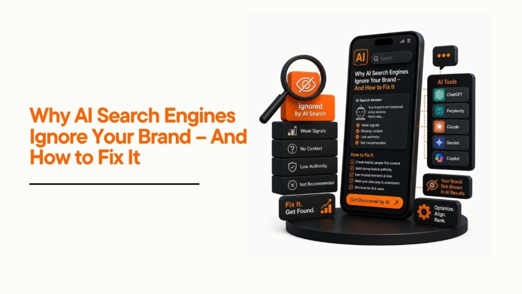 Illustration showing AI search engines like ChatGPT, Perplexity, Claude, Gemini, and Copilot ignoring a brand due to weak authority, poor AI SEO, and low visibility signals, alongside solutions for AI Search Optimization.