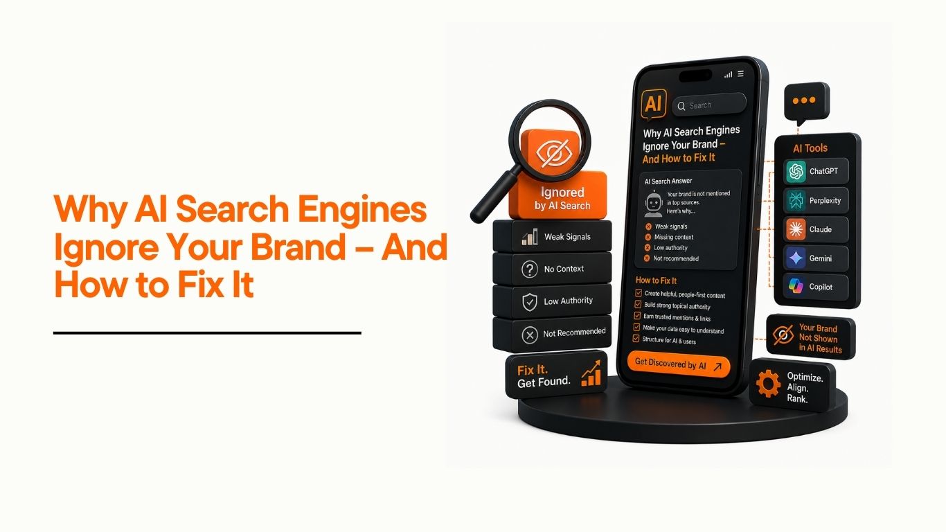 Illustration showing AI search engines like ChatGPT, Perplexity, Claude, Gemini, and Copilot ignoring a brand due to weak authority, poor AI SEO, and low visibility signals, alongside solutions for AI Search Optimization.