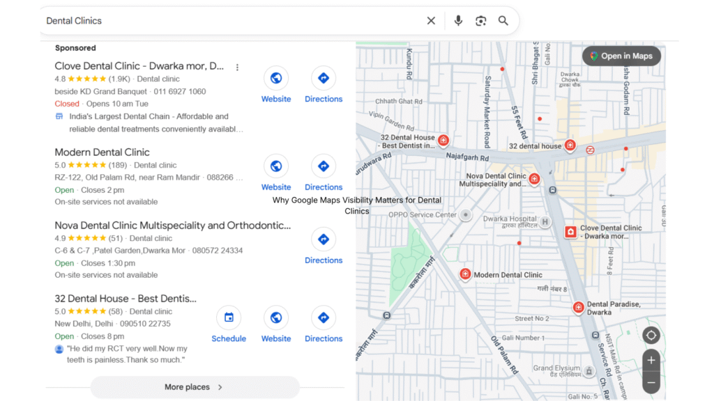 Google Maps local search results showing dental clinics ranked by ratings and reviews